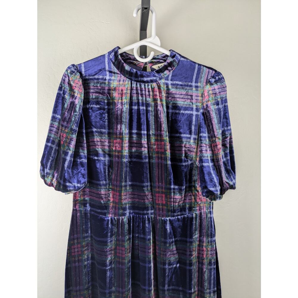 Boden Velvet High Neck Dress Short Puff Sleeve Blue Colorful Plaid - Picture 5 of 10